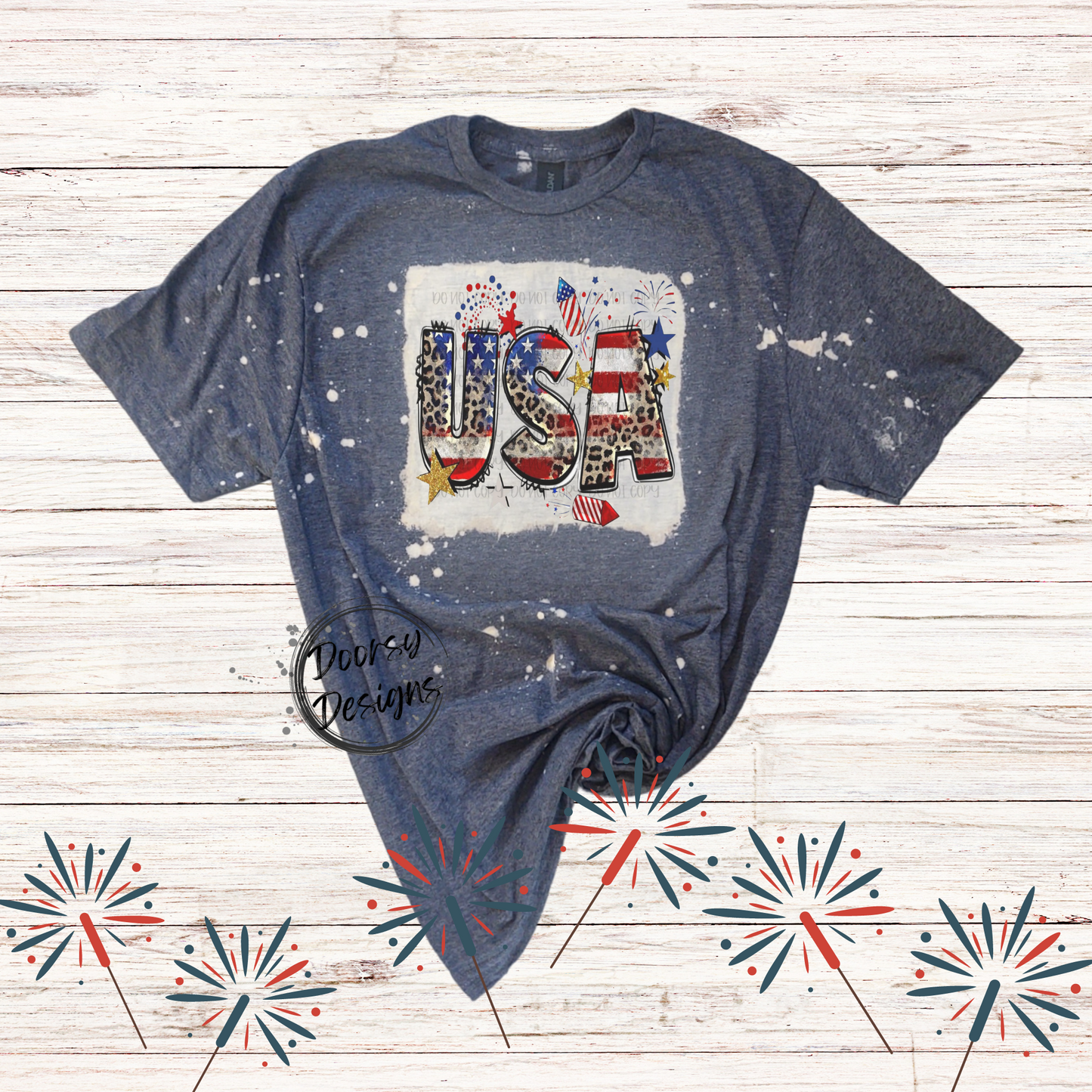 USA 4th of July Shirt with Leopard Print and Fireworks