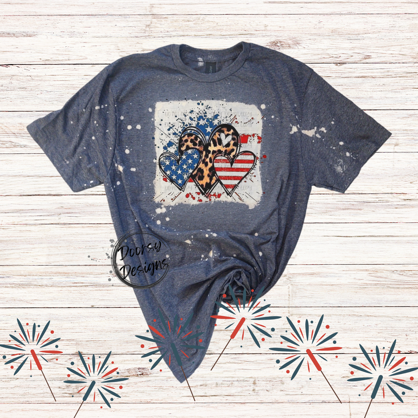Bleached 4th of July Shirt with Hearts and Leopard Print