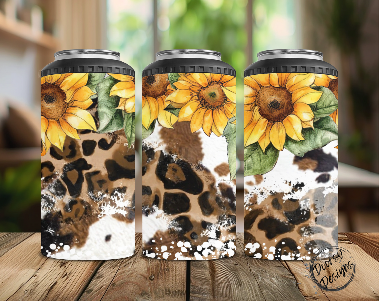 Sunflower and Leopard Print Can Cooler
