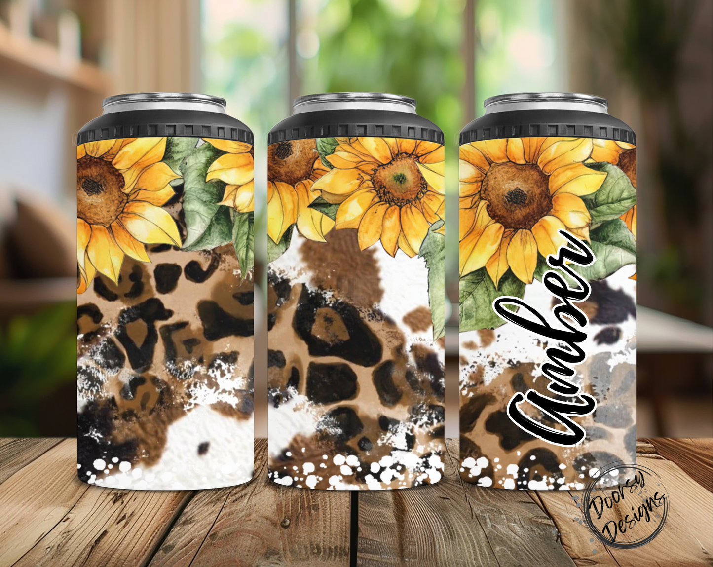 Sunflower and Leopard Print Can Cooler