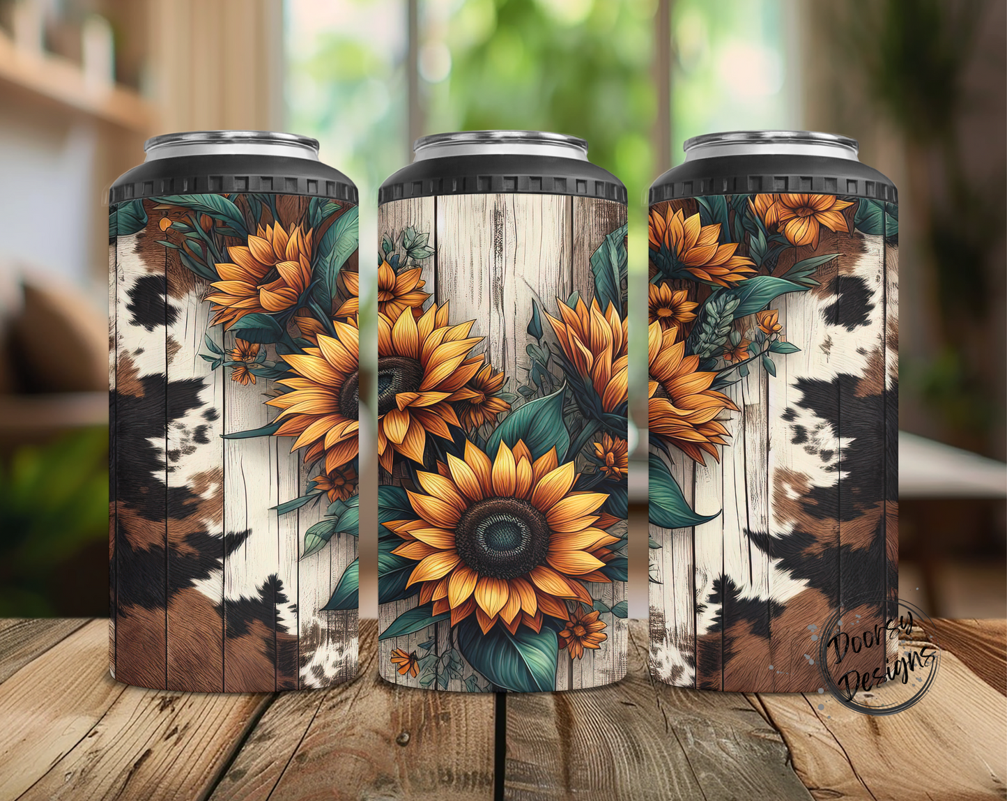 Sunflowers and Cowhide Can Cooler