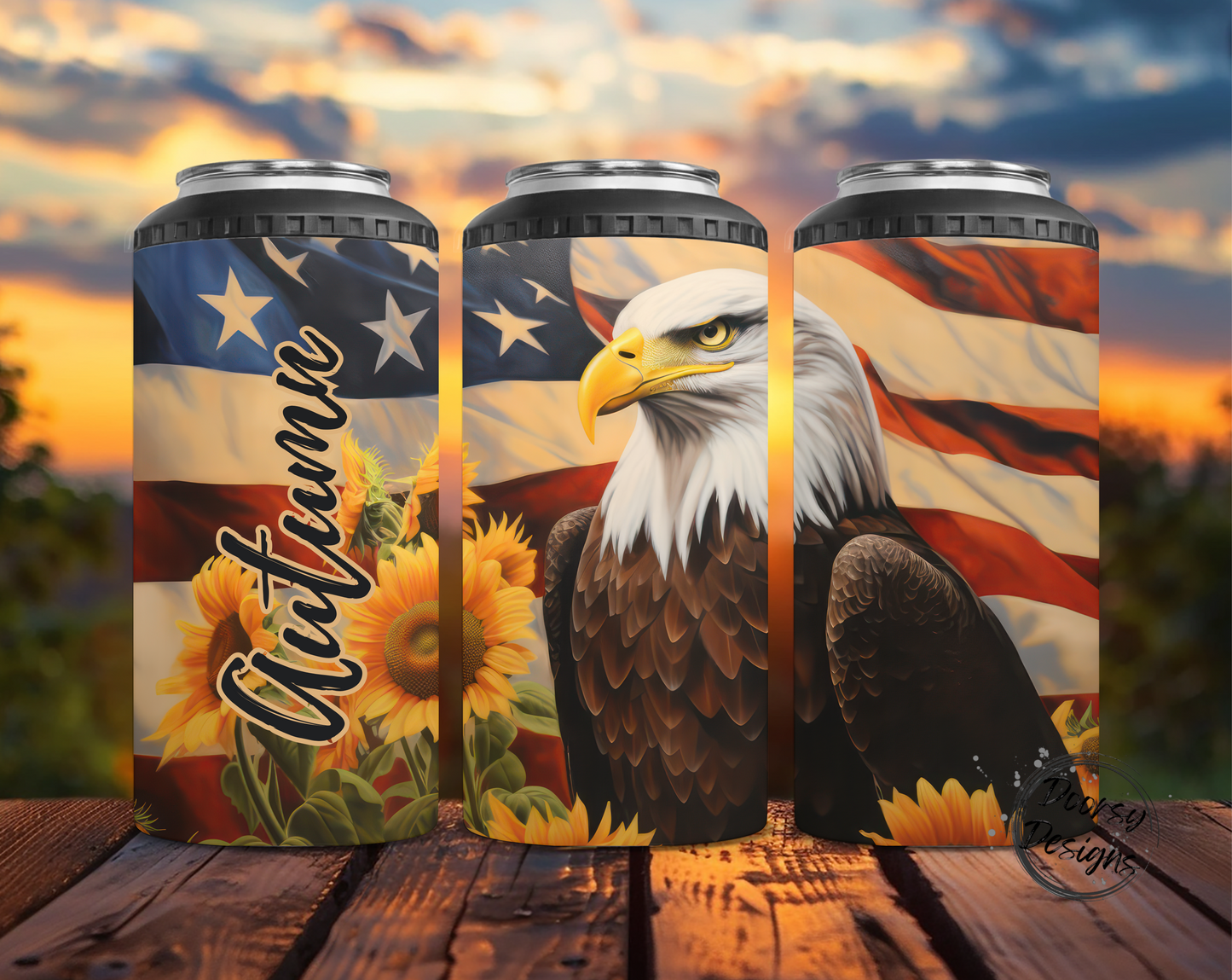 Eagle US Flag w Sunflowers Can Cooler