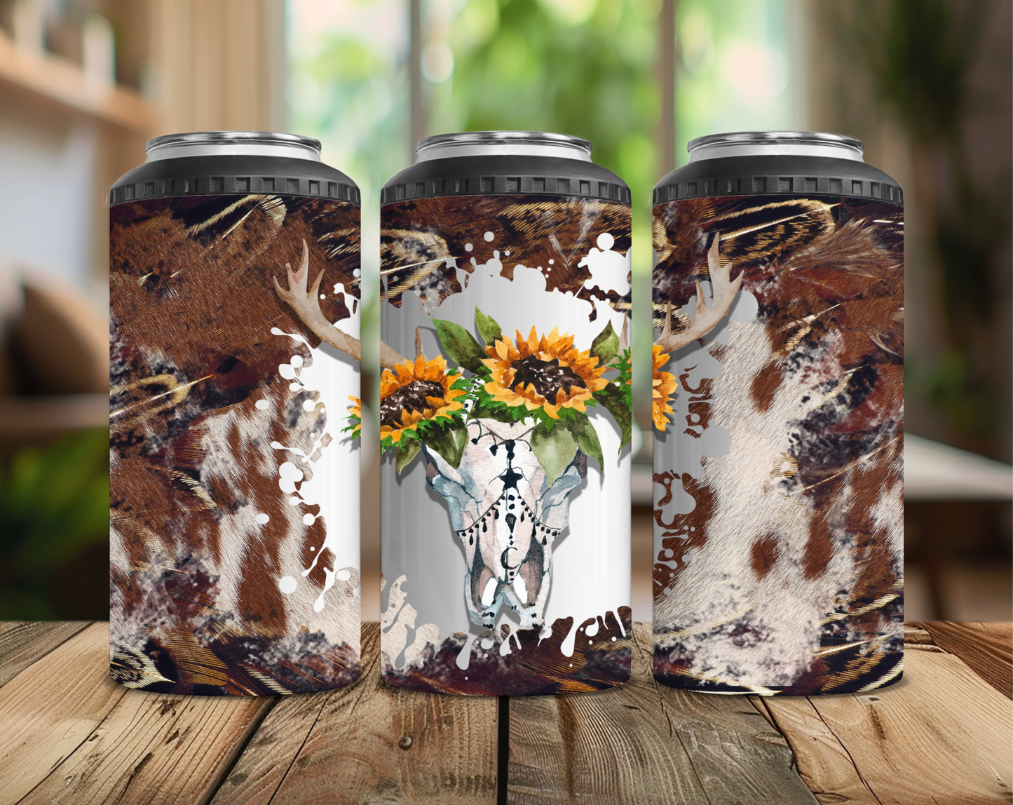 Cowhide and Long Horn Skull Can Cooler