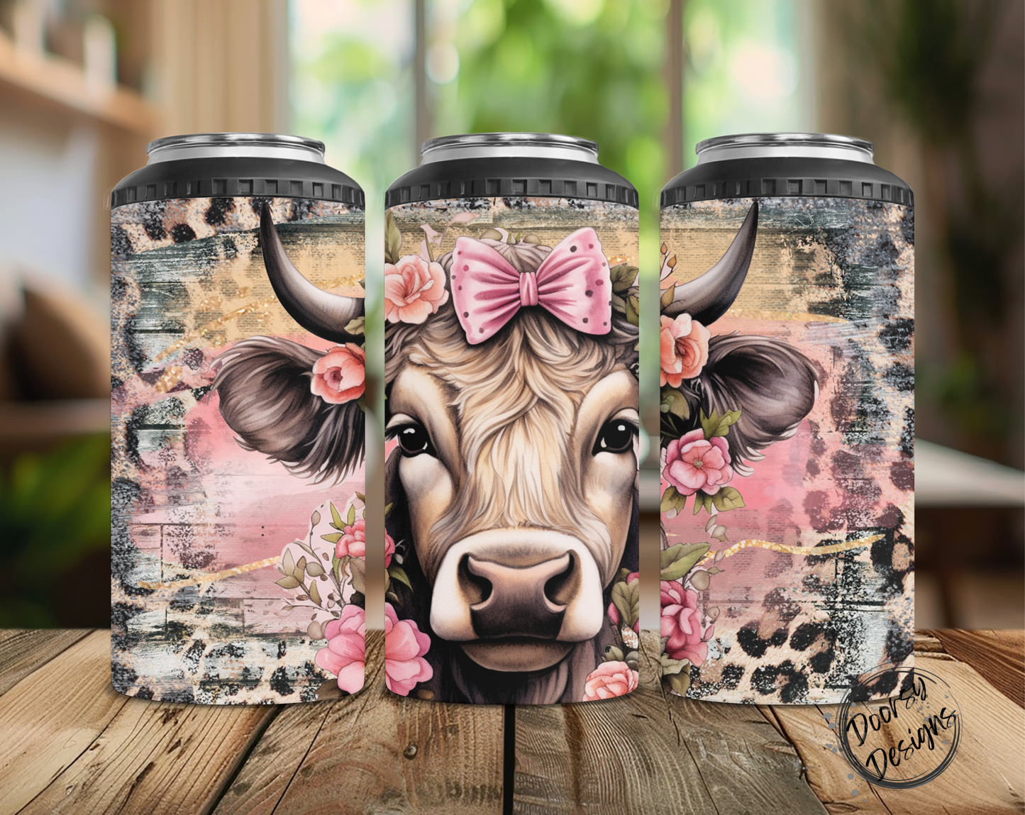 Cow with Bow Leopard Print Can Cooler