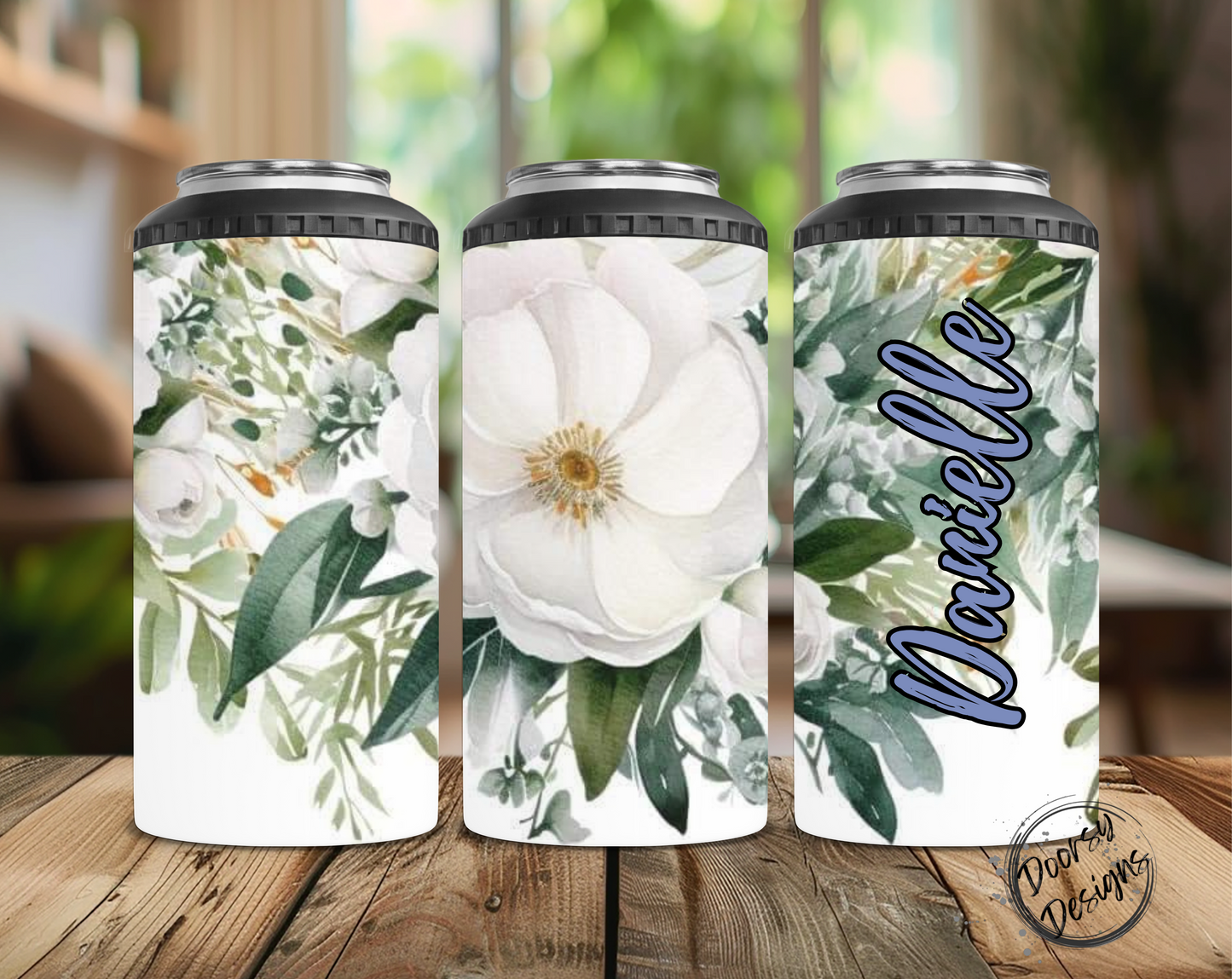 White Floral Can Cooler