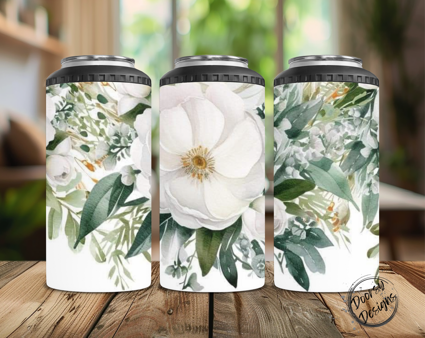White Floral Can Cooler