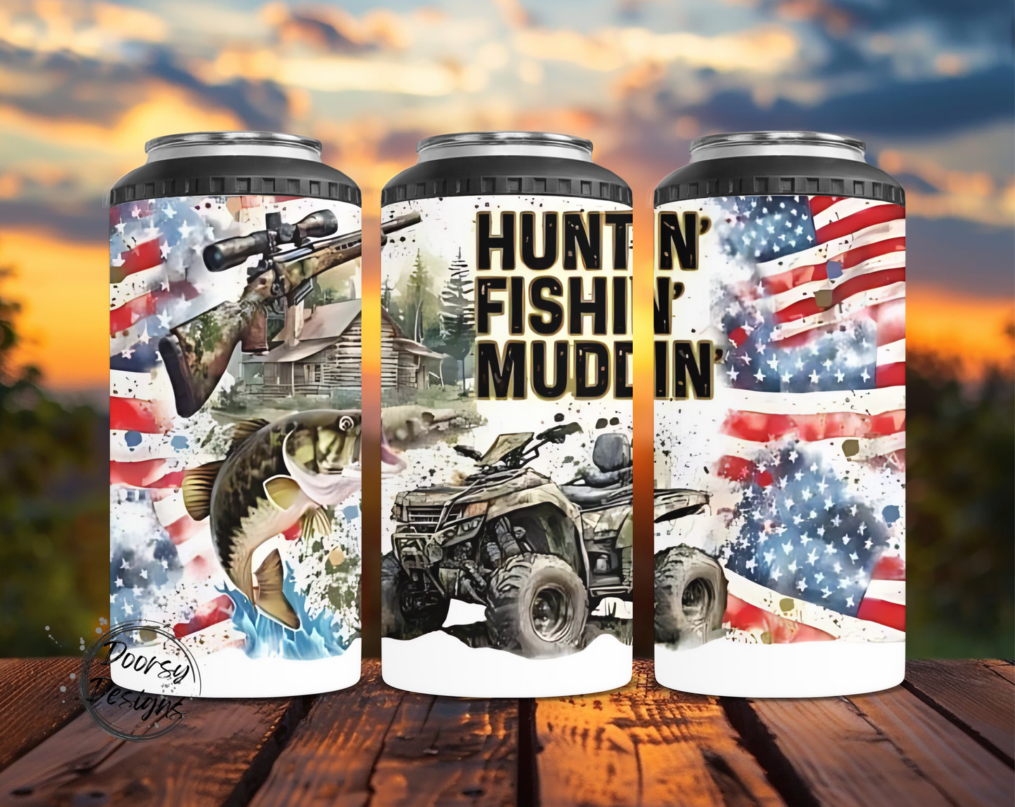 Huntin' Fishin' Muddin' US Flag Can Cooler