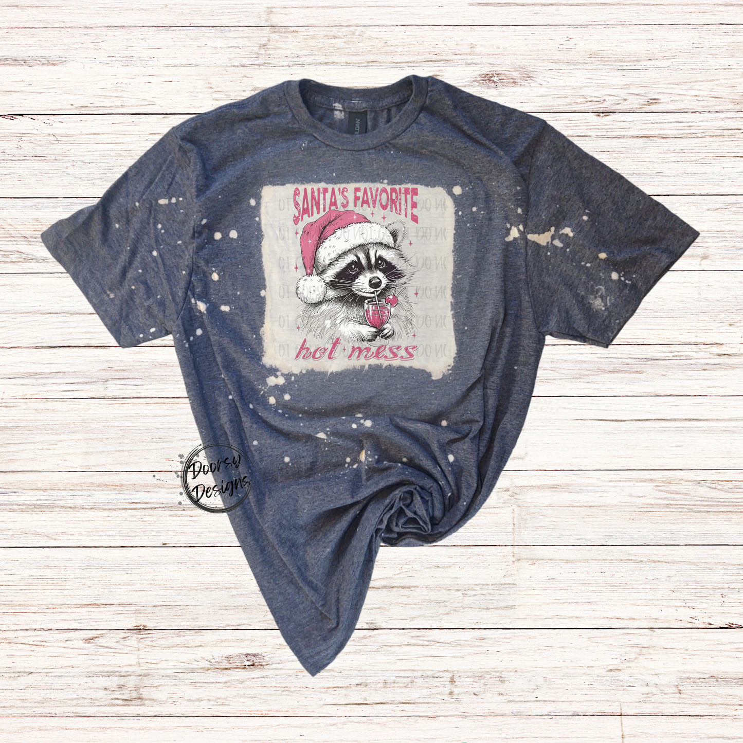 Santa's Favorite Hot Mess Raccoon Bleached Christmas Shirt