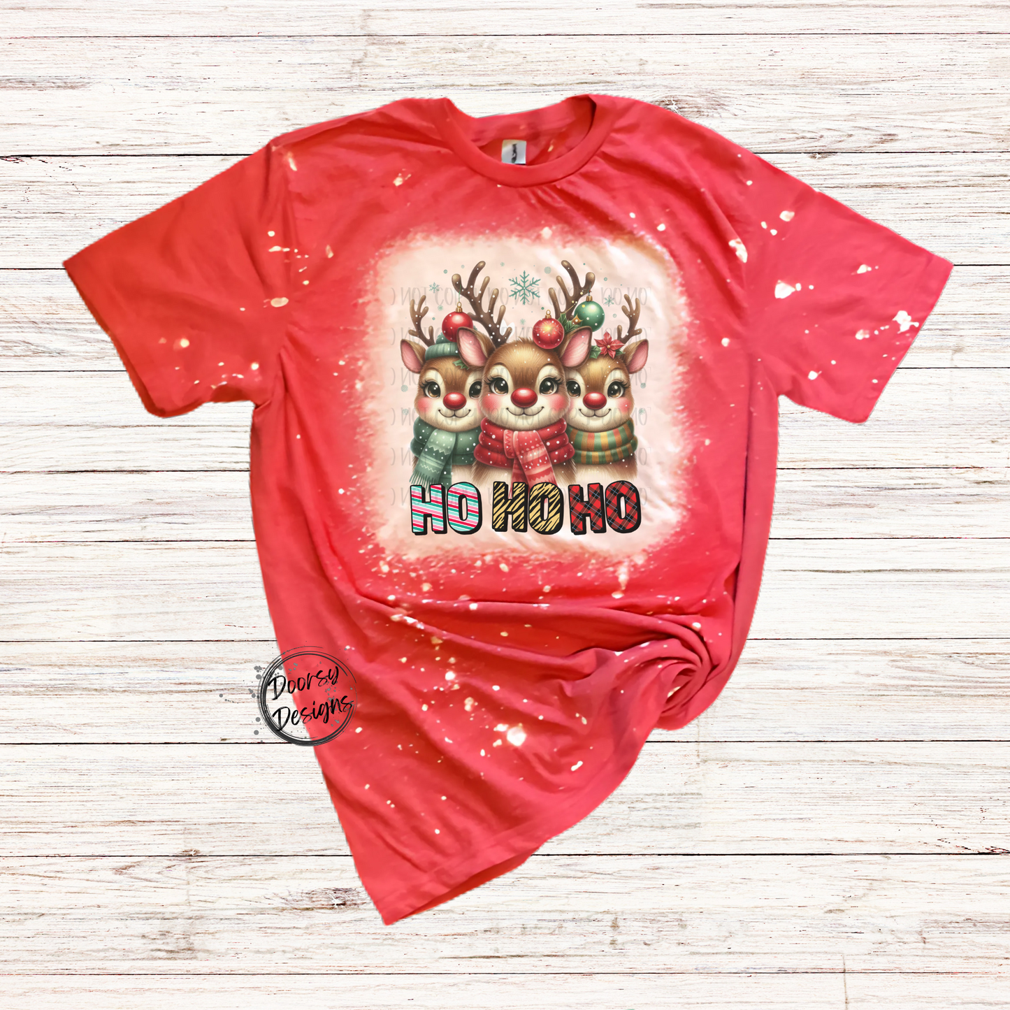 Reindeer Ho Ho Ho Bleached Christmas Shirt