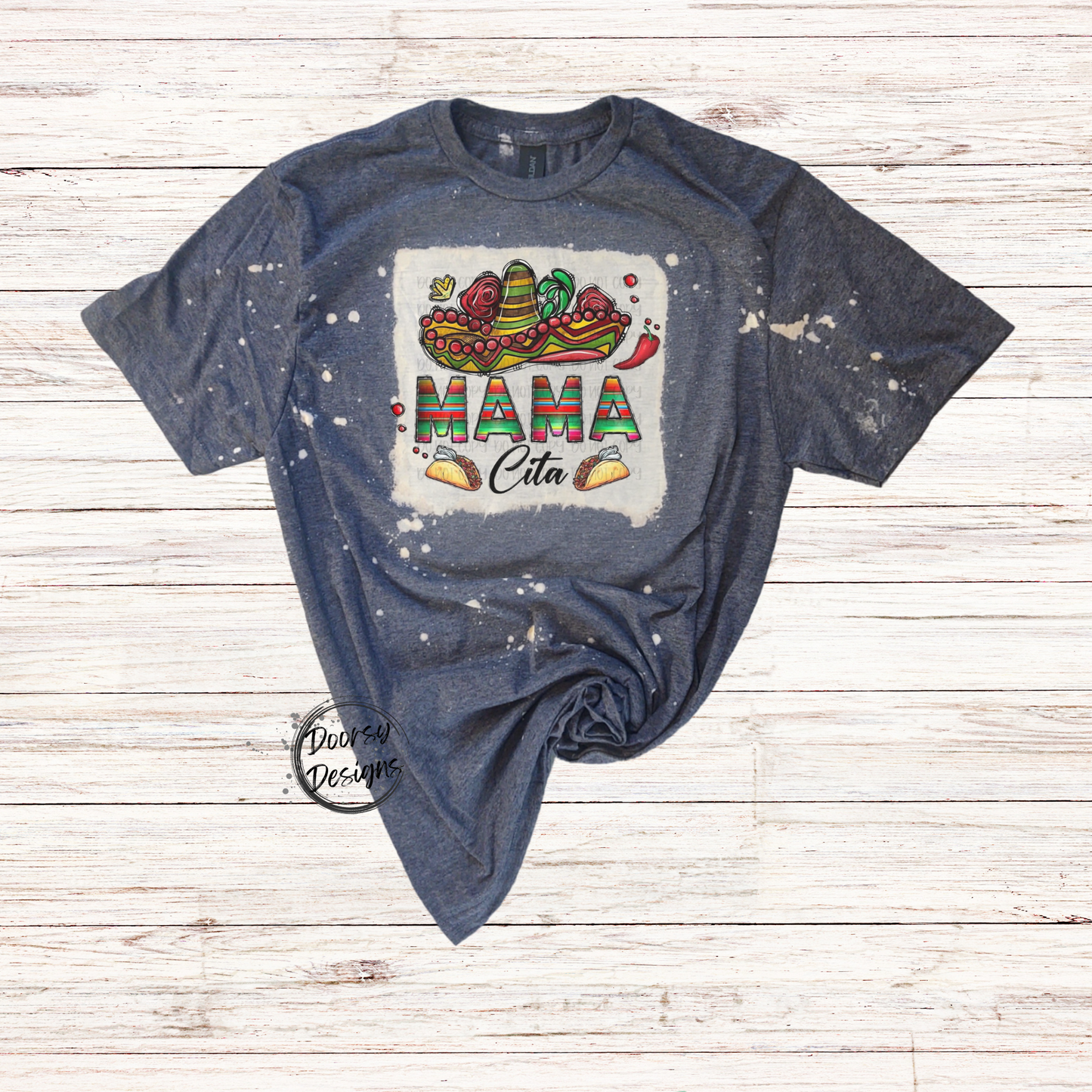 Mama Cita Bleached T-Shirt with Sombrero and Tacos