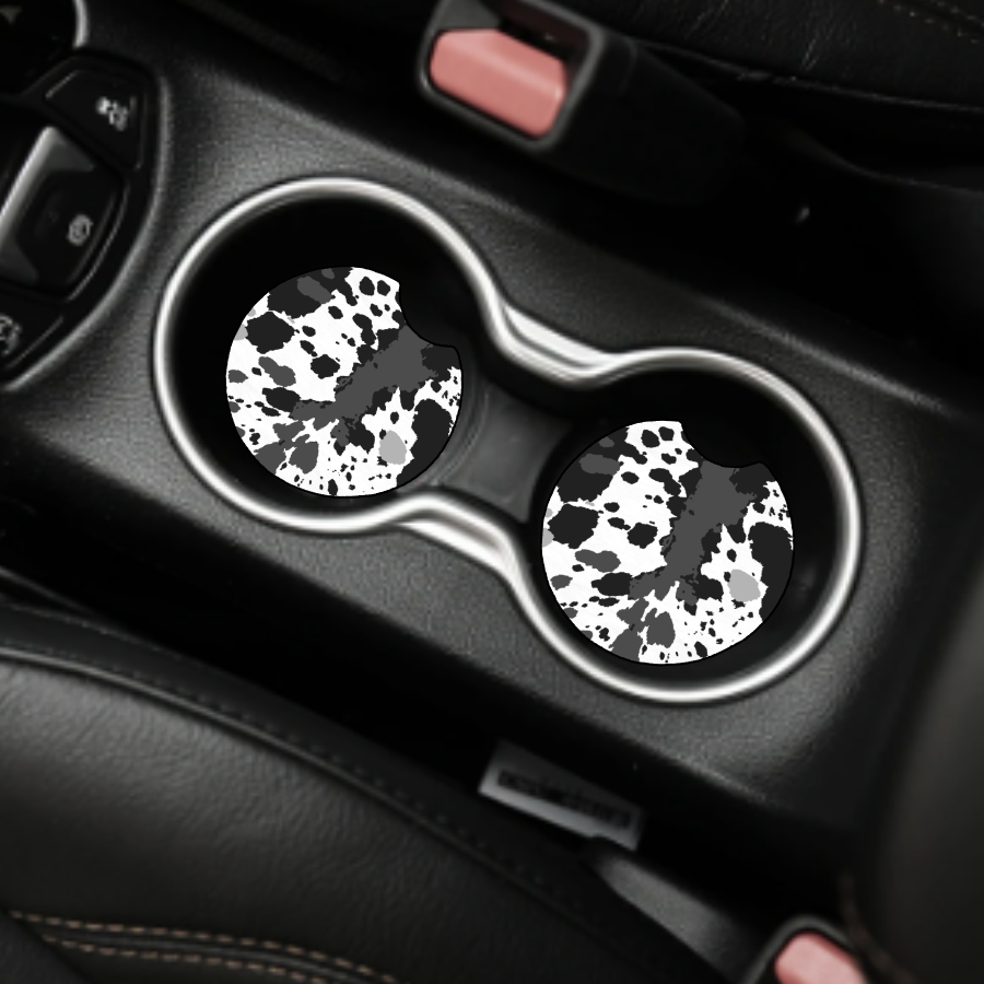 Black and Gray Cowhide Pattern Car Coaster Set of 2