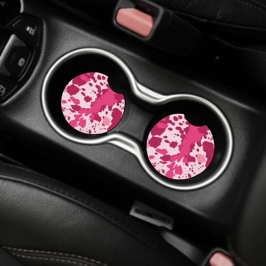 Pink Cowhide Pattern Car Coaster Set of 2