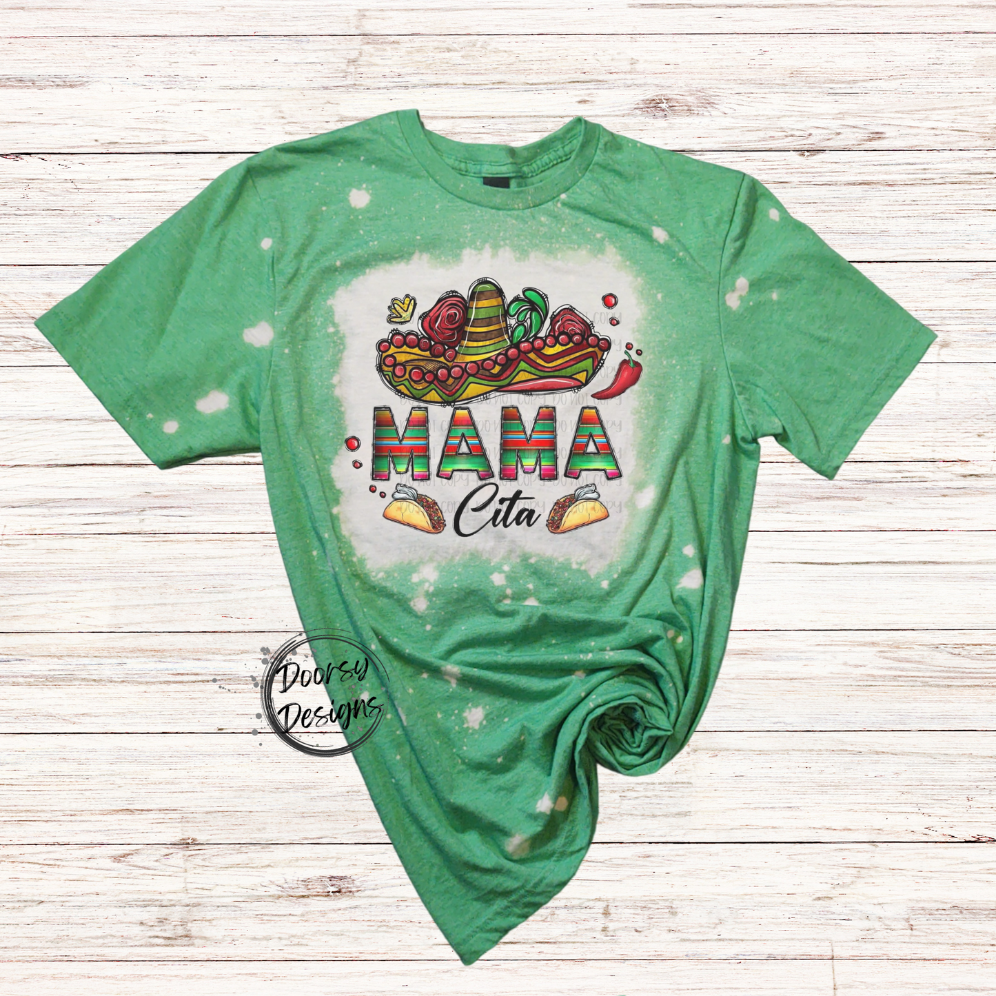 Mama Cita Bleached T-Shirt with Sombrero and Tacos