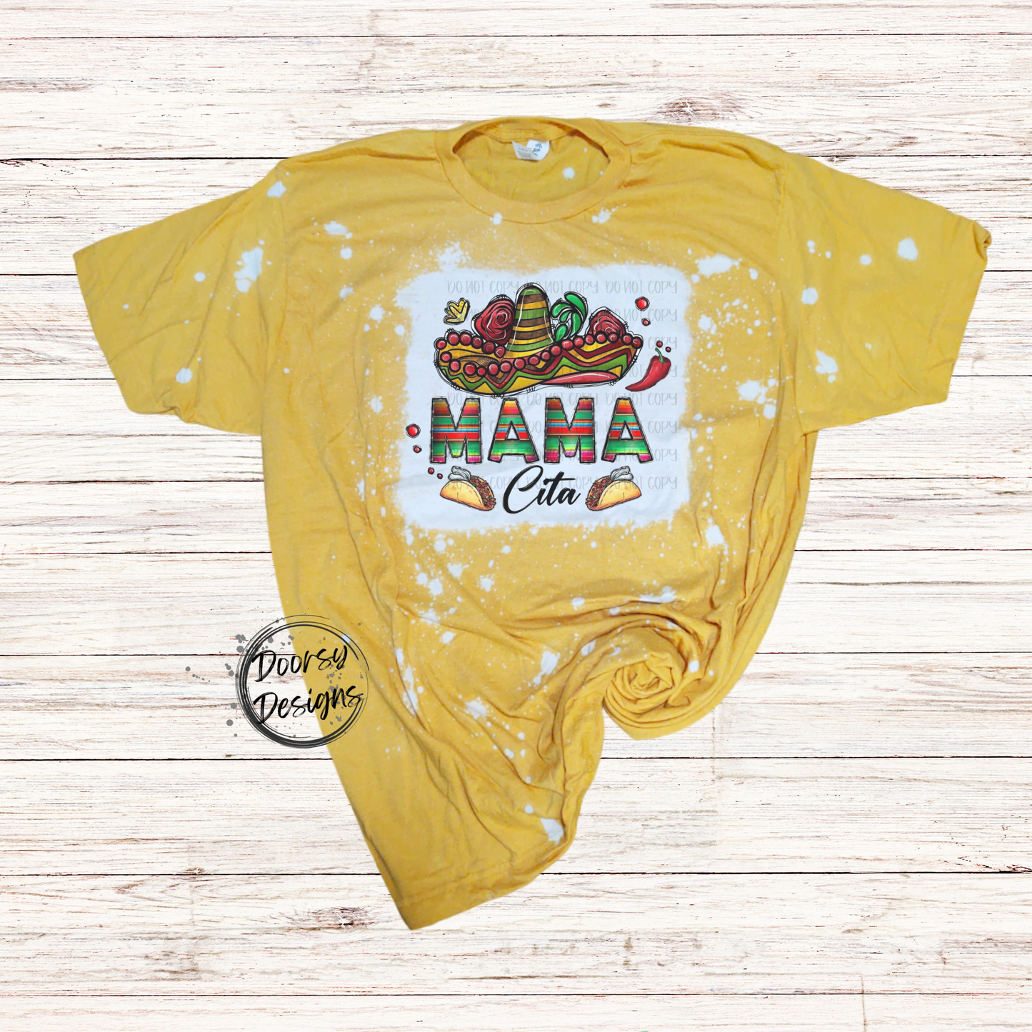 Mama Cita Bleached T-Shirt with Sombrero and Tacos