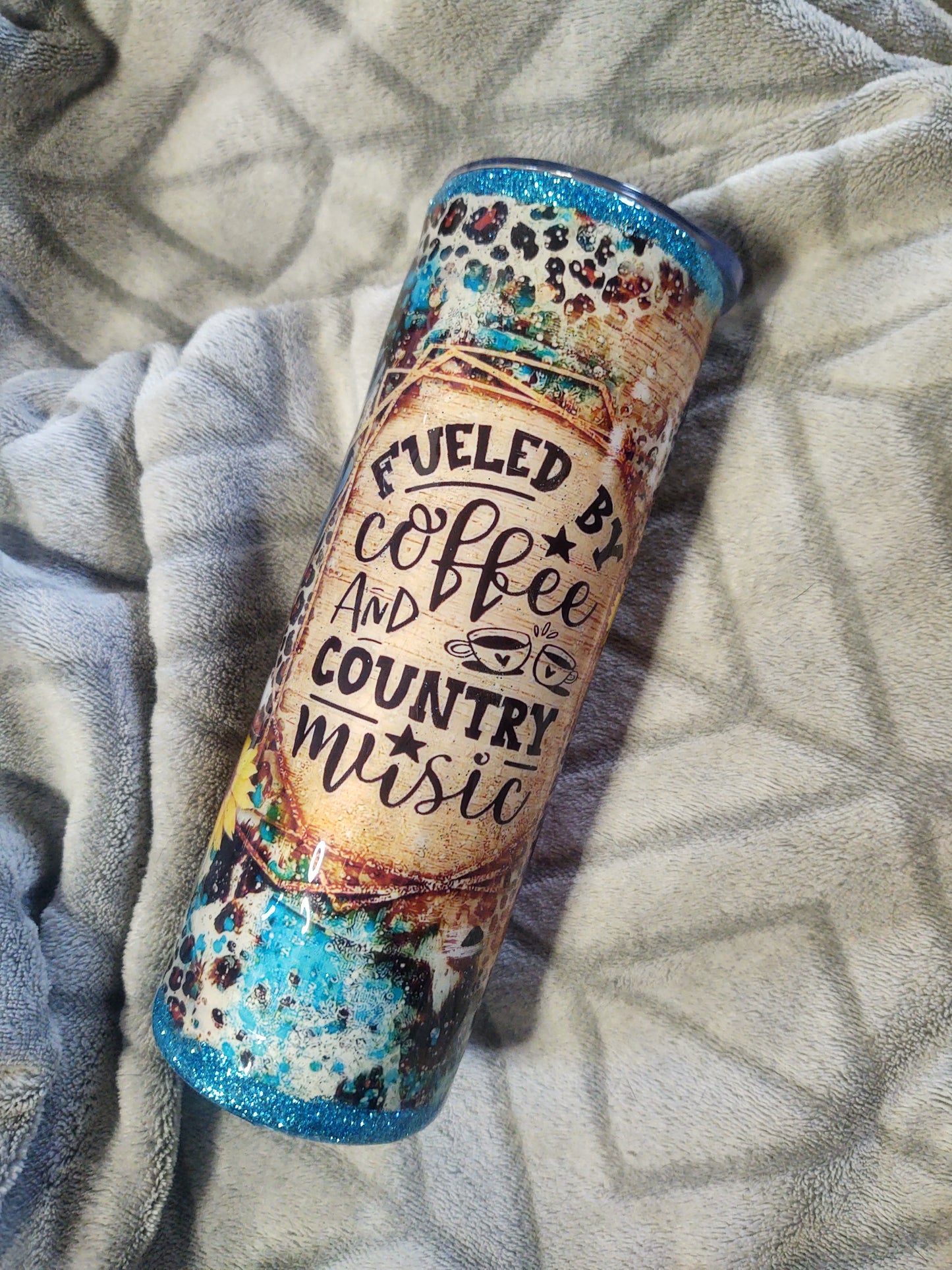 Fueled by Coffee and Country Music Tumbler Cup 20oz Epoxy Cup with Turquoise Glitter