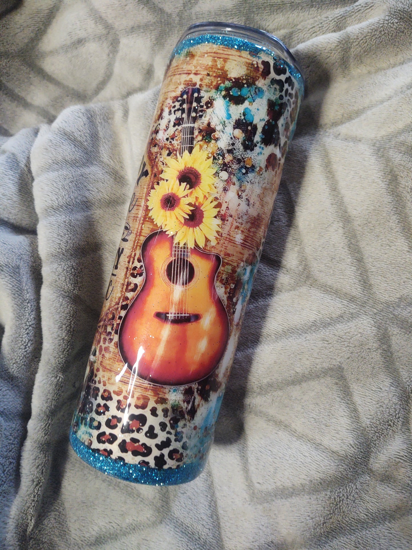 Fueled by Coffee and Country Music Tumbler Cup 20oz Epoxy Cup with Turquoise Glitter