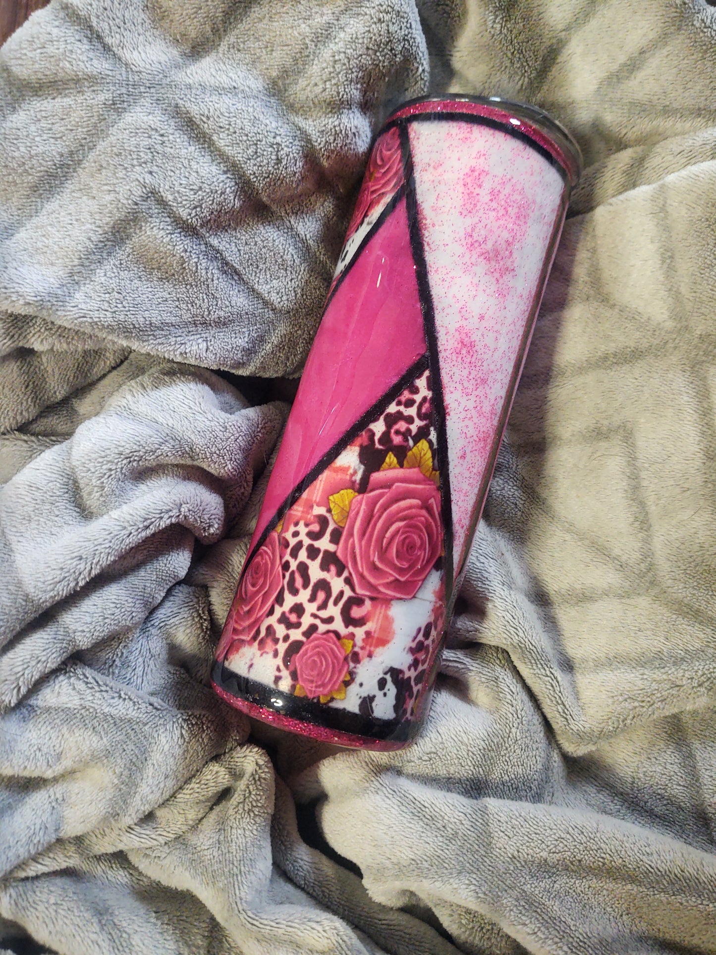 Roses and Cow Print V Shape Cut 20oz Epoxy Tumbler Cup with Fushia and White Glitter