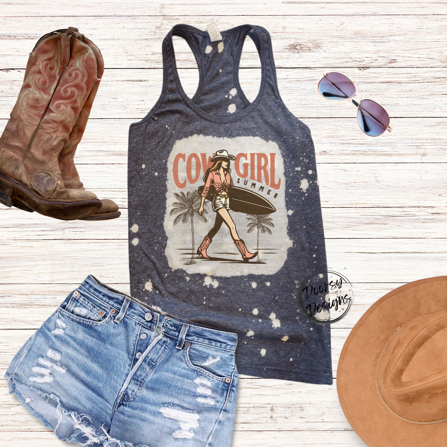 Cowgirl Summer with Palm Trees Bleached Tank Top