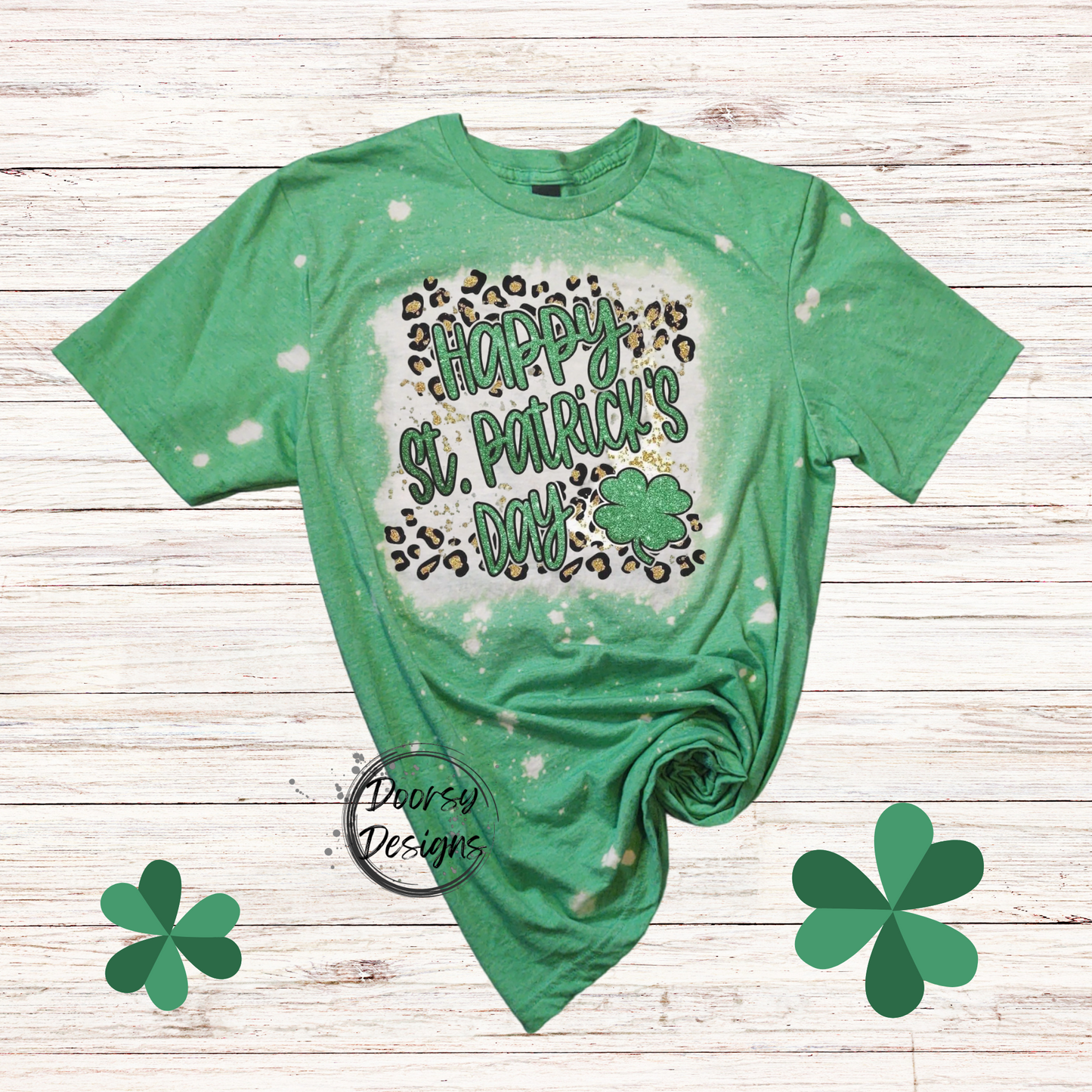 Bleached Happy St Patrick's Day Shirt with Leopard Print and Clover