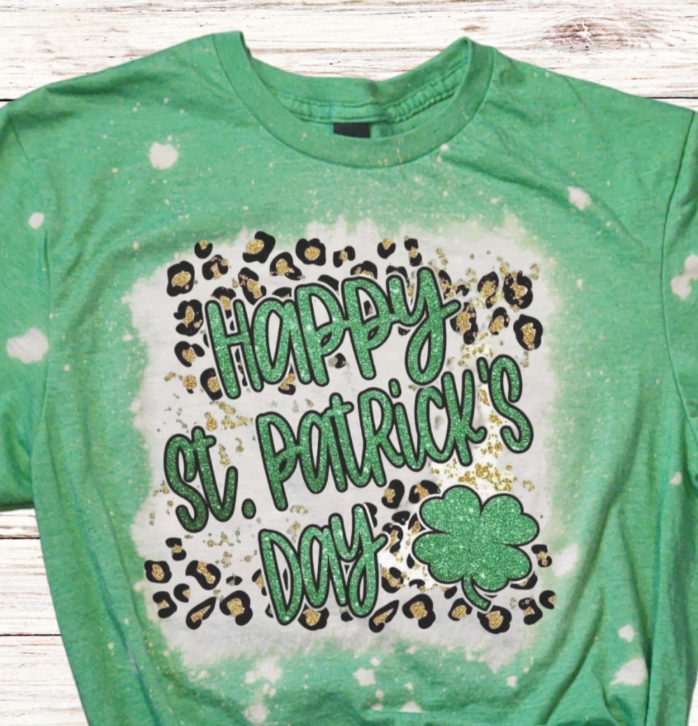 Bleached Happy St Patrick's Day Shirt with Leopard Print and Clover