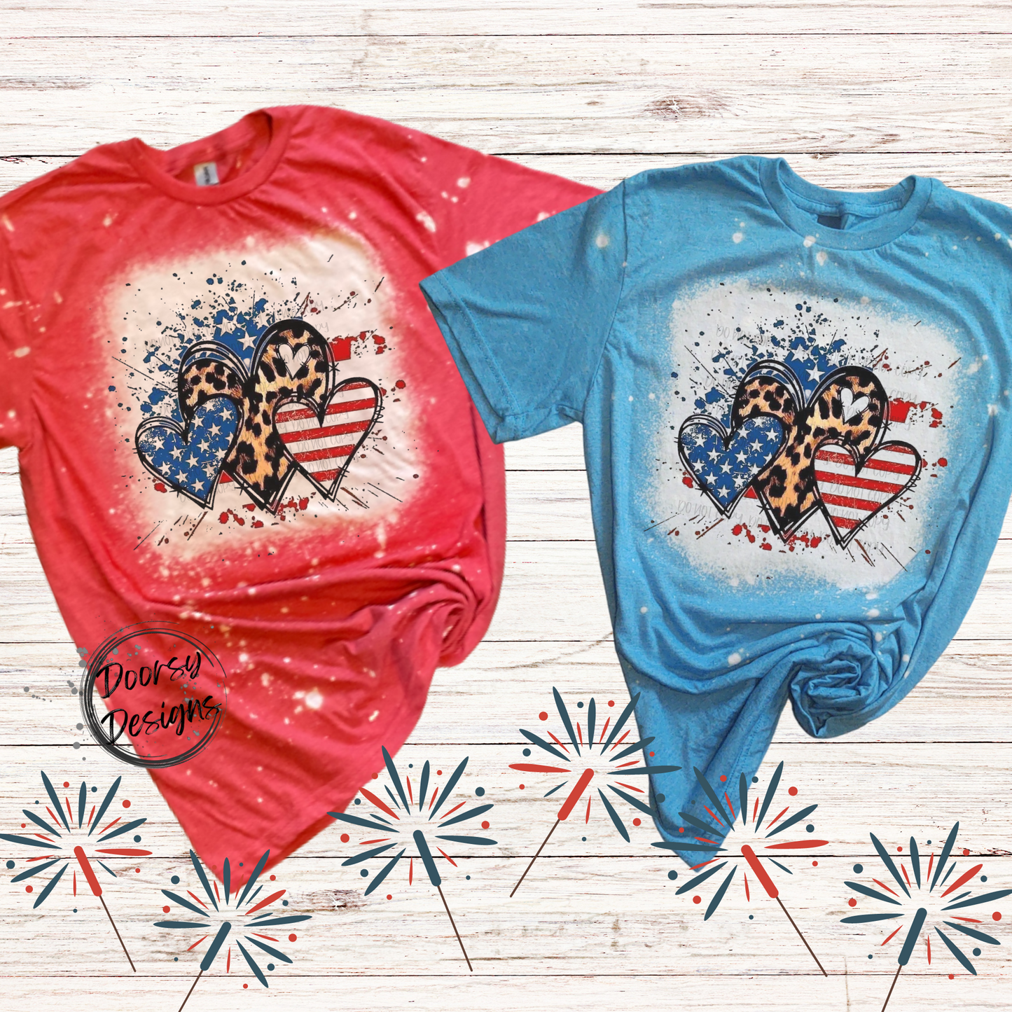 Bleached 4th of July Shirt with Hearts and Leopard Print