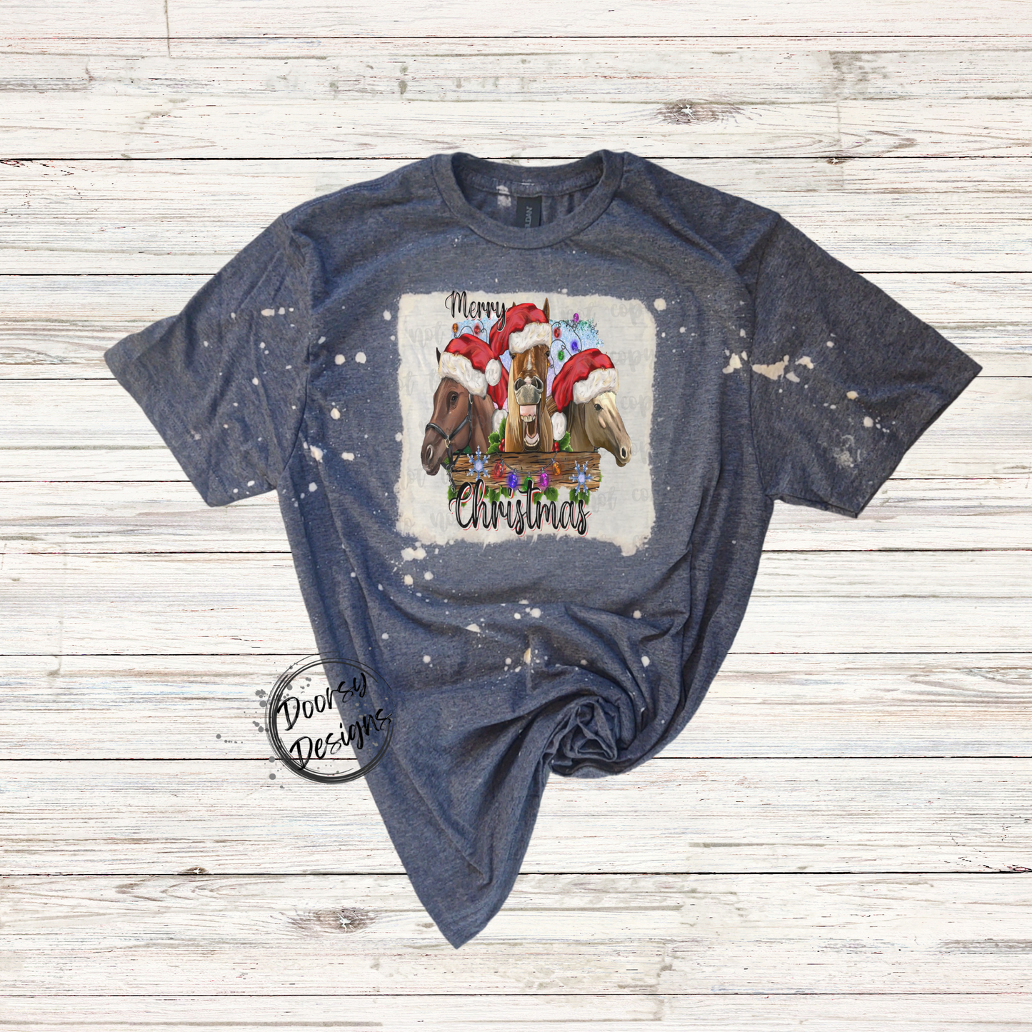 Merry Christmas Horses Bleached Xmas Shirt with Christmas Lights