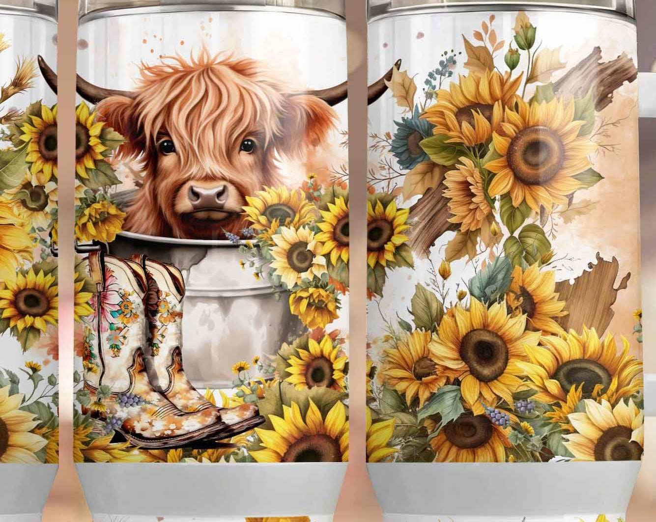 Highlander Cows in Wash Tub 40oz Sublimation Tumbler with Sunflowers