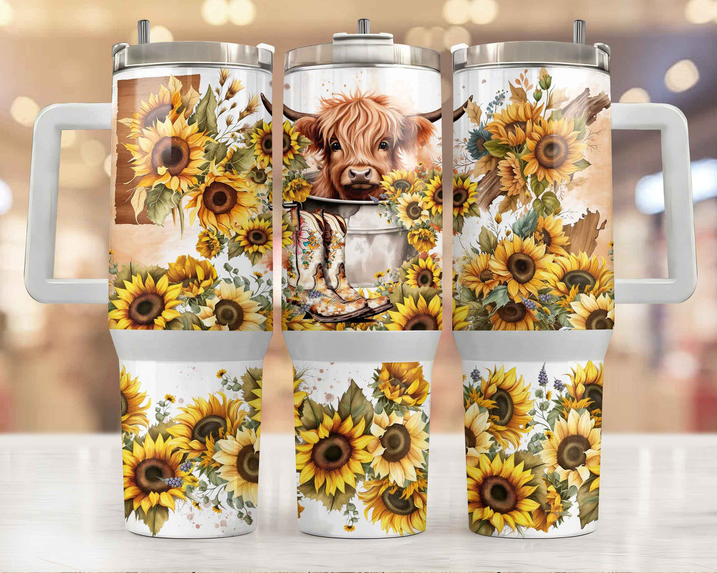 Highlander Cows in Wash Tub 40oz Sublimation Tumbler with Sunflowers