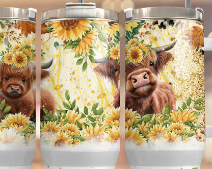 Cute Smiling Highlander Cows with Sunflowers 40oz Sublimation Tumbler