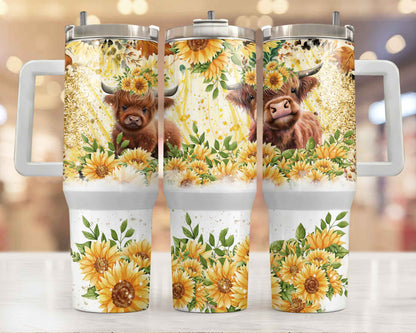 Cute Smiling Highlander Cows with Sunflowers 40oz Sublimation Tumbler