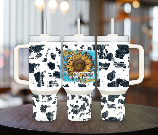 Raised on Country and Sunshine 40oz Sublimation Tumbler with Cow Print