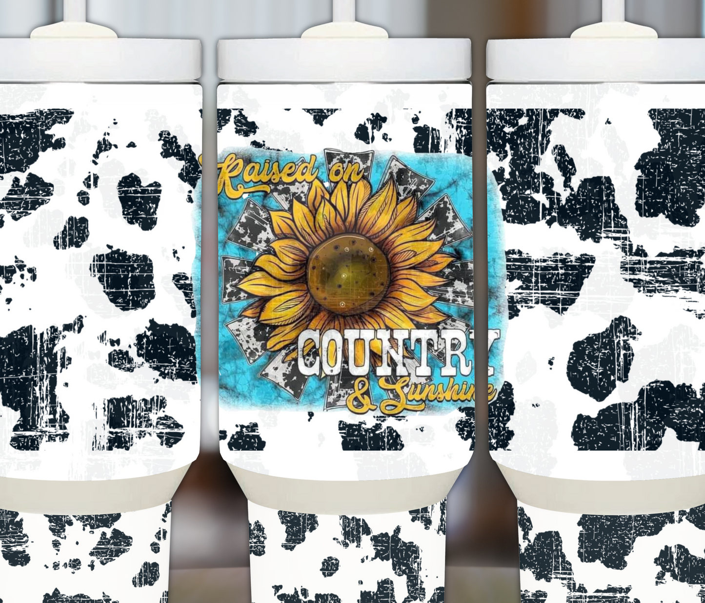 Raised on Country and Sunshine 40oz Sublimation Tumbler with Cow Print