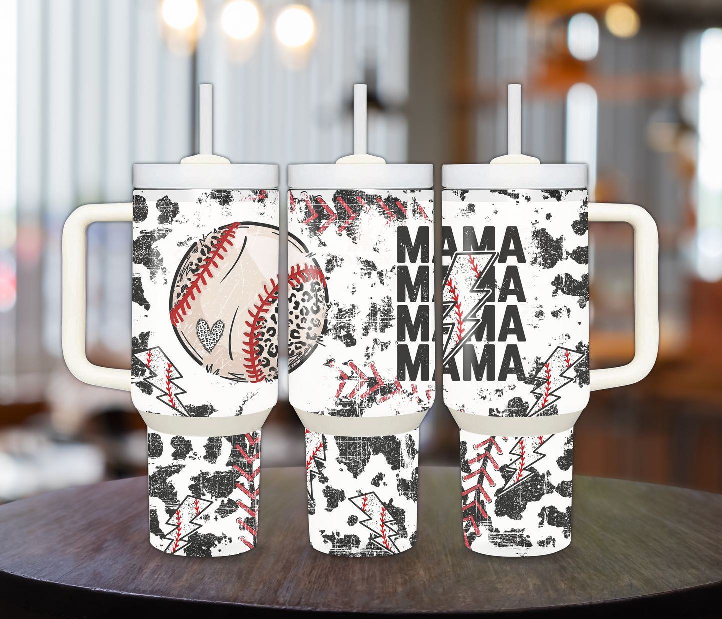 Baseball MAMA 40oz Sublimation Tumbler with Stitch Pattern and Hearts