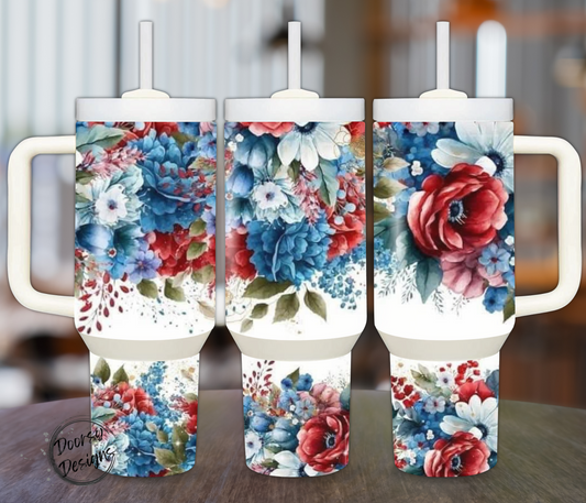 Red White and Blue Flowers 40oz Sublimation Tumbler