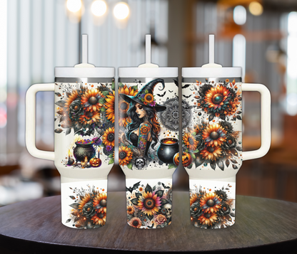 Halloween Witch with Sunflowers 40oz Sublimation Tumbler