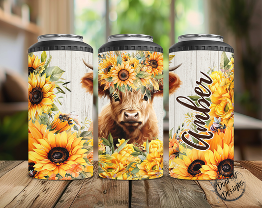 Highlander Cow & Sunflowers Can Cooler