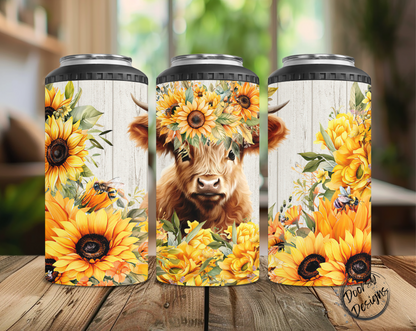 Highlander Cow & Sunflowers Can Cooler