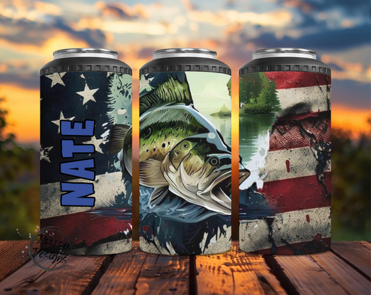 Bass and US Flag Can Cooler