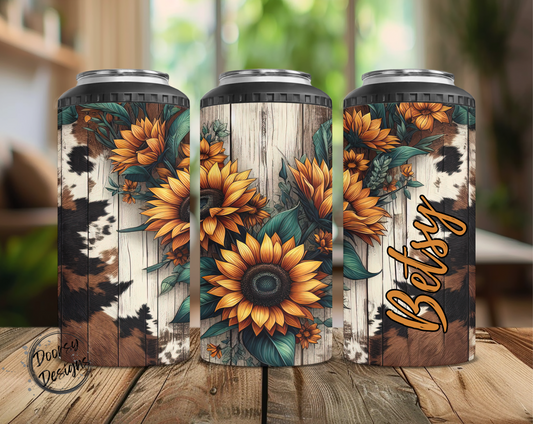 Sunflowers and Cowhide Can Cooler