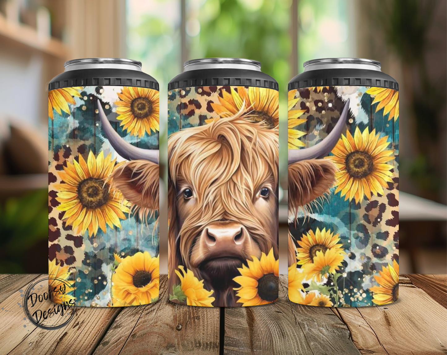 Sunflowers Highland Cow Can Cooler