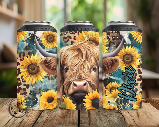 Sunflowers Highland Cow Can Cooler