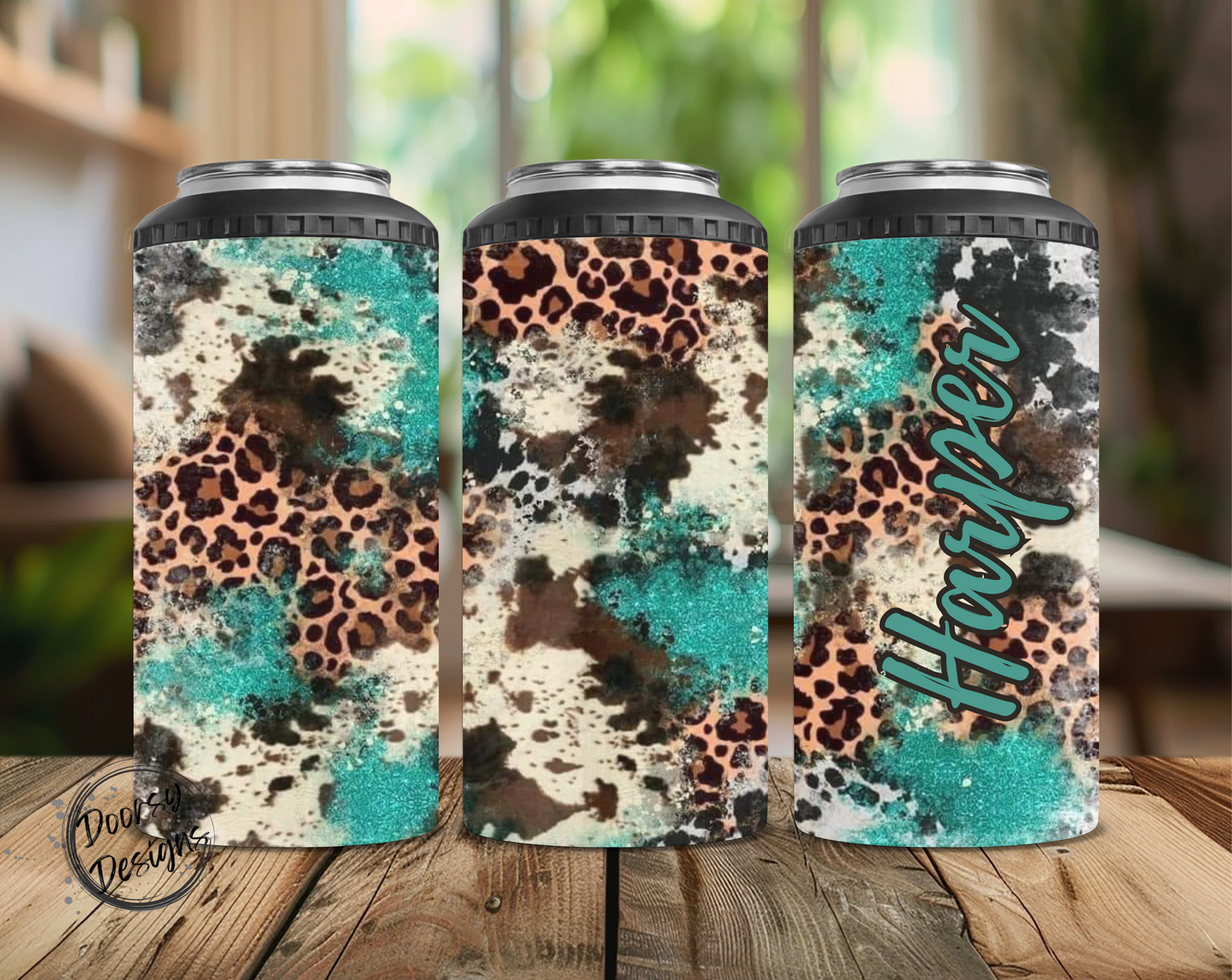 Leopard Print and Turquoise Can Cooler