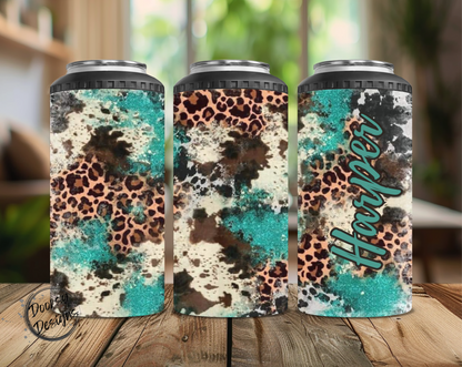Leopard Print and Turquoise Can Cooler