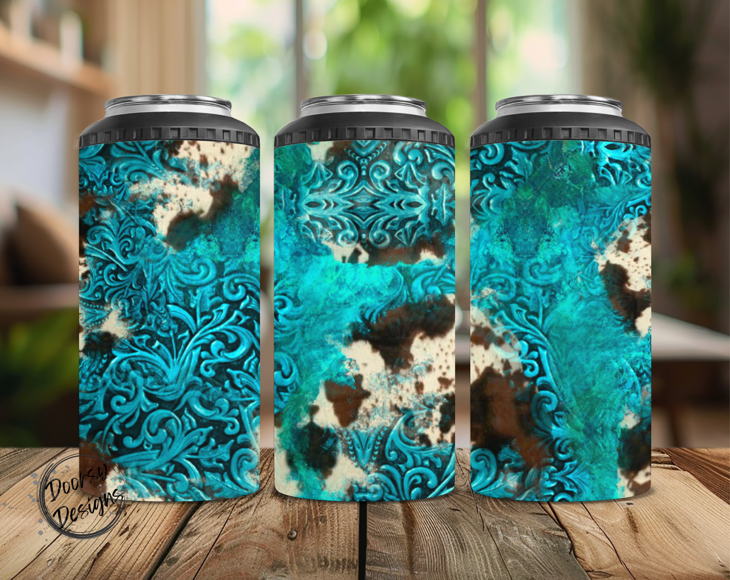 Turquoise and Cowhide Can Cooler