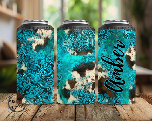 Turquoise and Cowhide Can Cooler