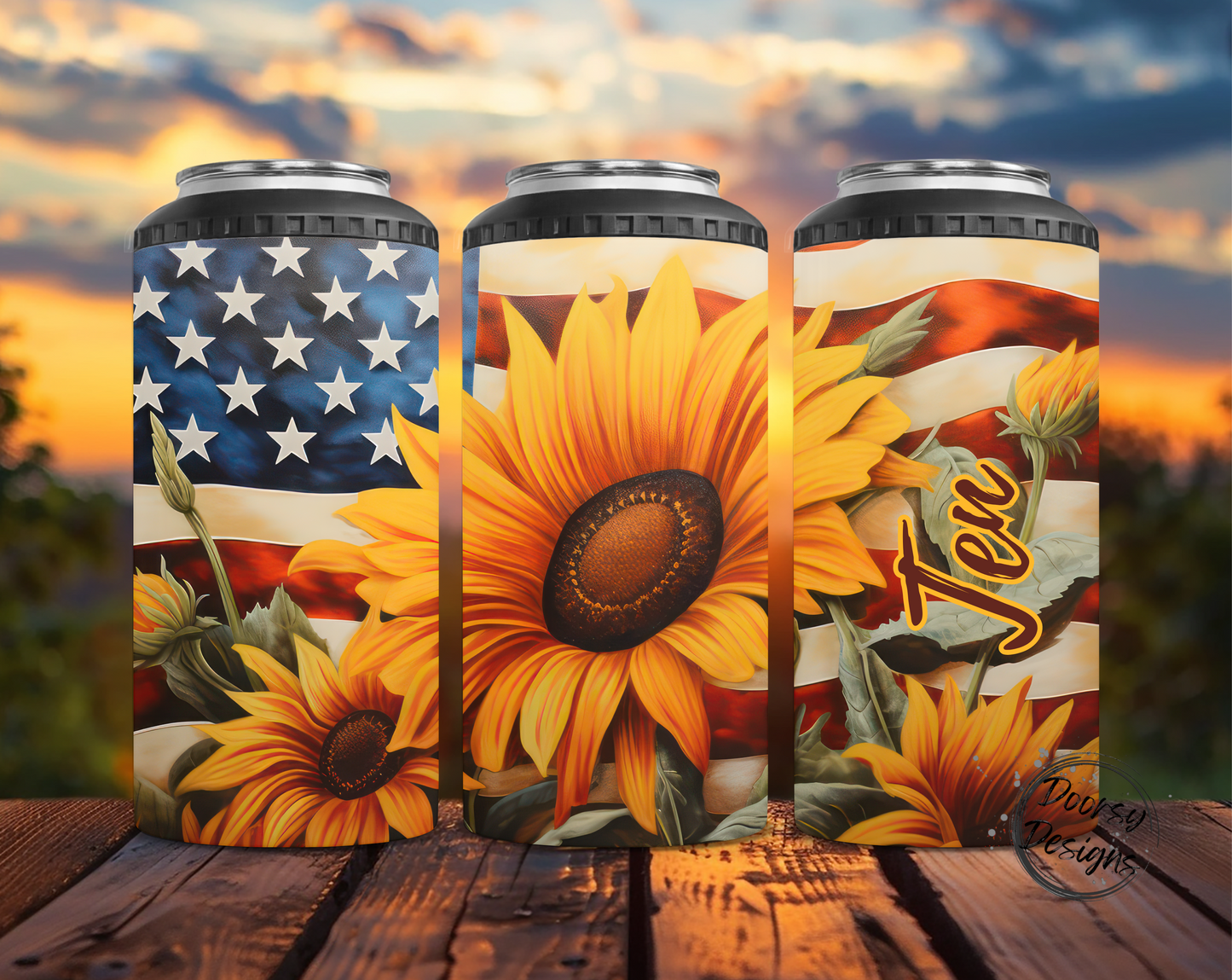 Sunflowers US Flag Can Cooler