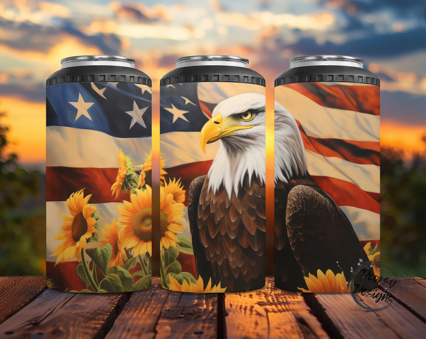 Eagle US Flag w Sunflowers Can Cooler