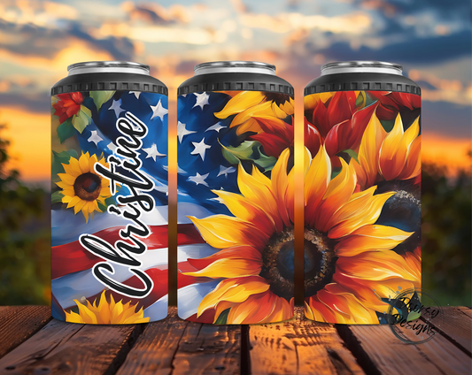 Watercolor Sunflowers US Flag Can Cooler