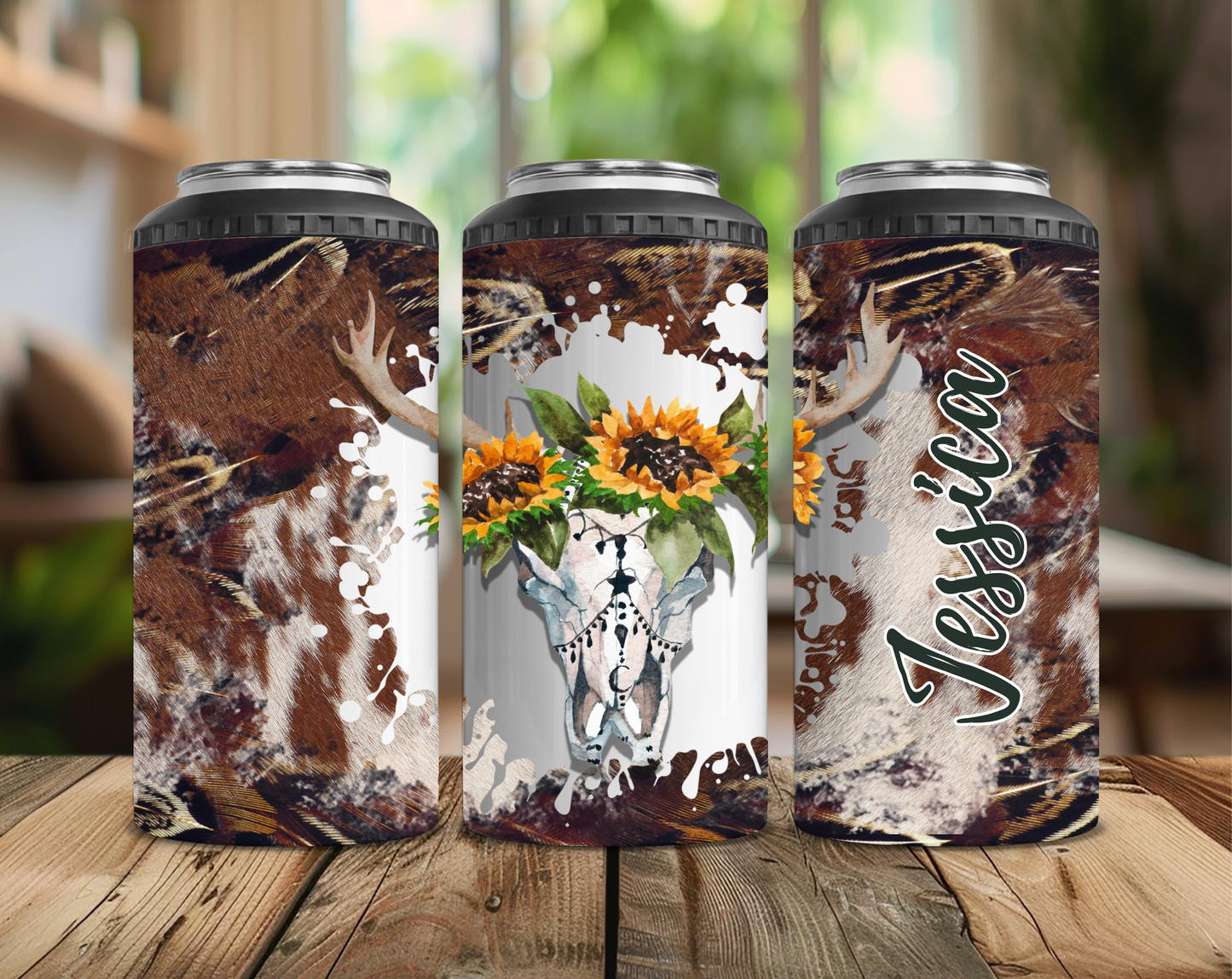 Cowhide and Long Horn Skull Can Cooler