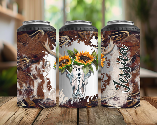 Cowhide and Long Horn Skull Can Cooler